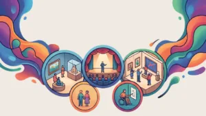 Ocio inclusivo: ilustración de personas disfrutando de teatro, museo y cine de forma accesible